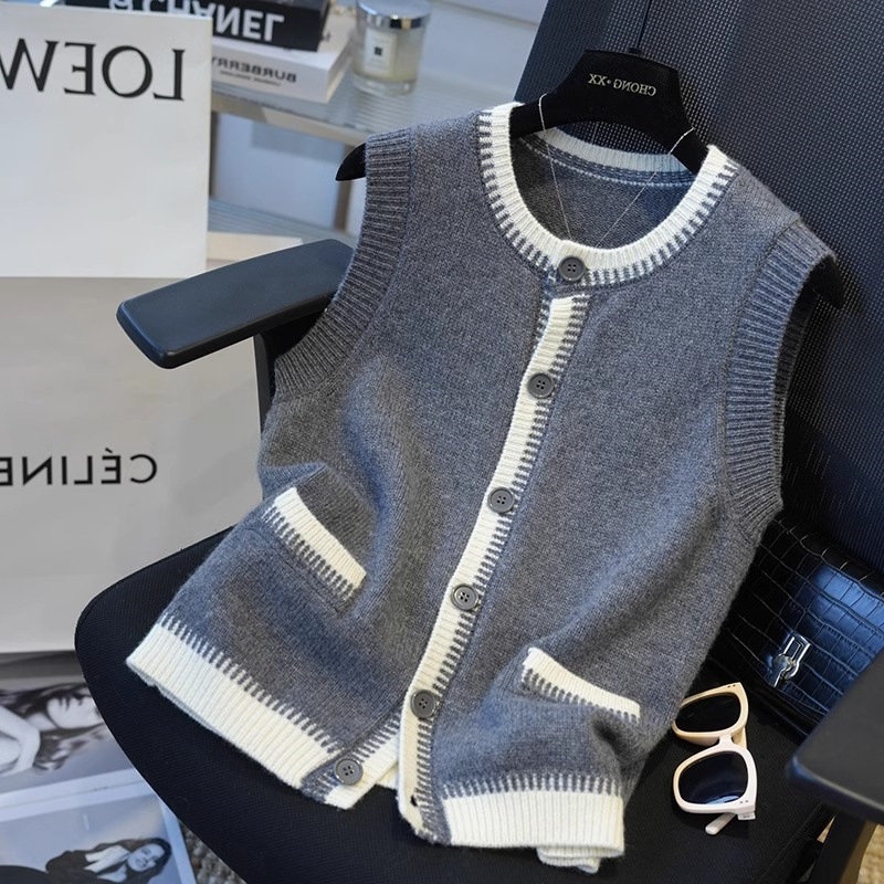 100 Wool Sweater Vest Women's Cardigan Jacket Casual Elegant Sleeveless Vest Outer Cashmere Knitwear Knitwear
