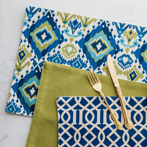 T9J5 wholesale cotton and linen fresh and elegant blue leaf placemats Western food cloth napkins restaurant gourmet mats