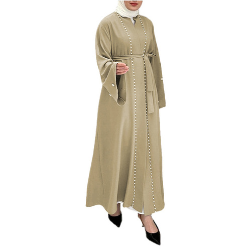 Yiduodu European and American Solid Color Flared-Sleeve Cardigan with Pearl-Inlaid Patchwork Dress 21666 Middle Eastern Style Long Sleeve
