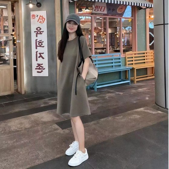 Summer New Mid-length Large Size Skirt Covering Belly for Chubby Girls Casual Short-sleeved T-shirt Women's Age-reducing Straight Dress