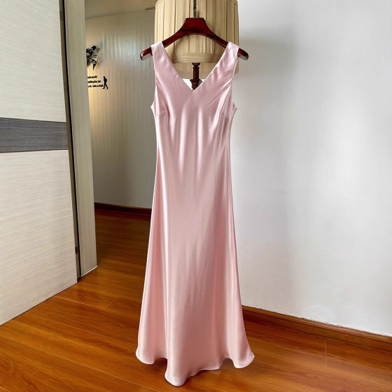 Tall Acetate Satin Vests Dress Women's Summer Long-Length Slant-Cut Slim-Fit Tight Waist Sleeveless dress Long Dress Draped