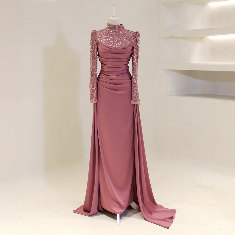 Factory Direct Sales Stand Collar All-Inclusive Long-Sleeved Detachable Two-Piece Evening Dress Dignified and Elegant Satin Dress