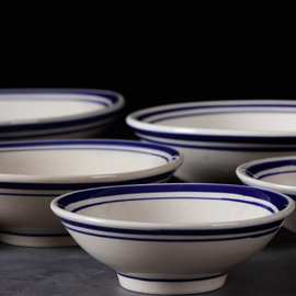 K9HX批发老式陶瓷碗蓝边敞口喇叭蒸碗家用饭店酒碗菜碗米饭碗火锅