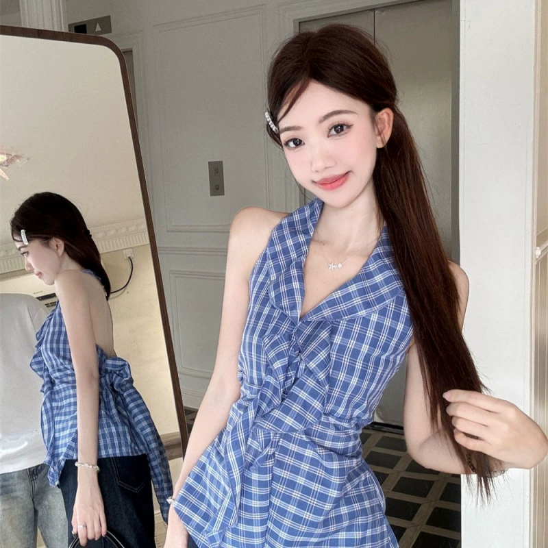 Женский летний топ-халтер в синюю клетку Kumikumi, без рукавов, с V-образным вырезом, ретро-стиль 2025 года, элегантный, на бретелях