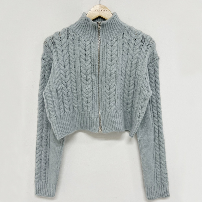 Otoño e invierno nuevo corto de manga larga chic vintage patrón de cáñamo de doble cabeza cremallera solapa de punto cardigan suéter abrigo para mujeres