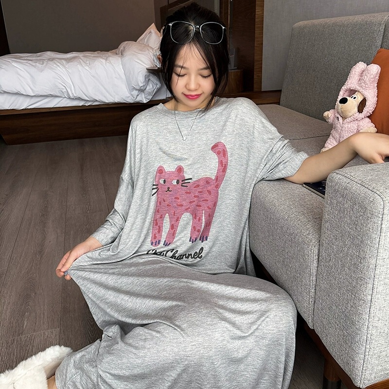 Cat Long Sleeve Modal Nightgown Women's Summer Long plus size Pregnant Women's Tall Pajamas Spring and Summer chubby girl Home Clothes