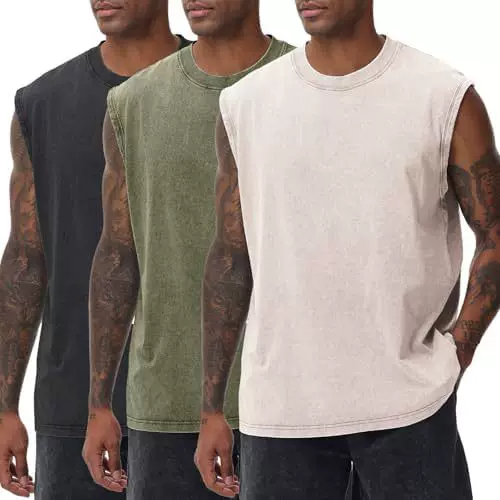 230g Pure Cotton American Batik Washed Sleeveless Vest Men's Summer Waistcoat Retro Round Neck Heavy T-Shirt Men's Style