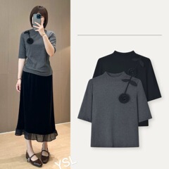 2025新款早秋圆领设计感刺绣气质时尚百搭小立领中袖显瘦上衣女