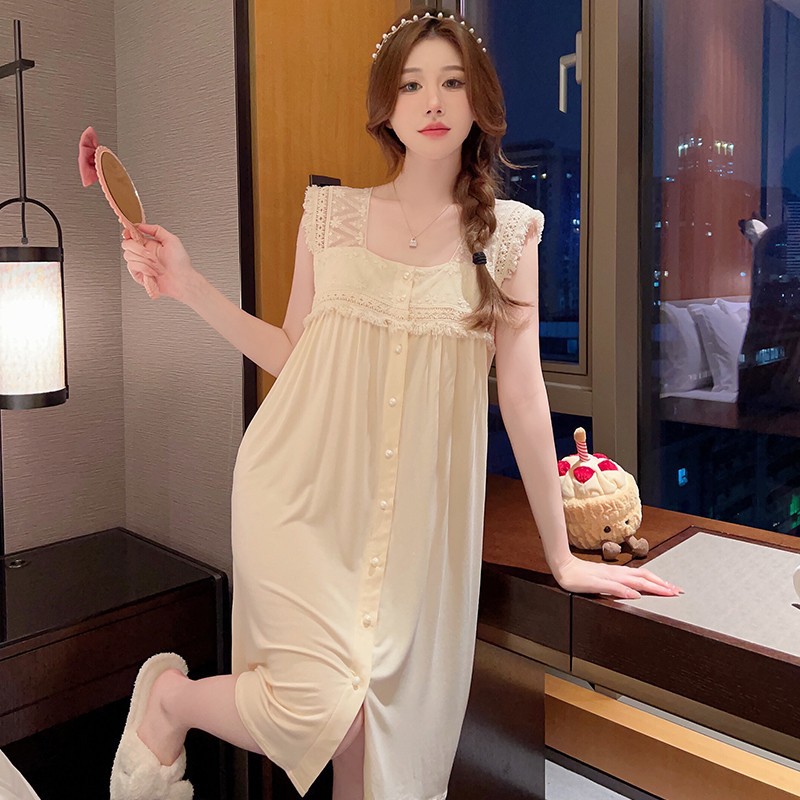 여성용 여름 모달 코튼 순수하고 섹시한 스타일의 달콤한 캐미솔 드레스 잠옷 살구색 2026 신상 홈웨어