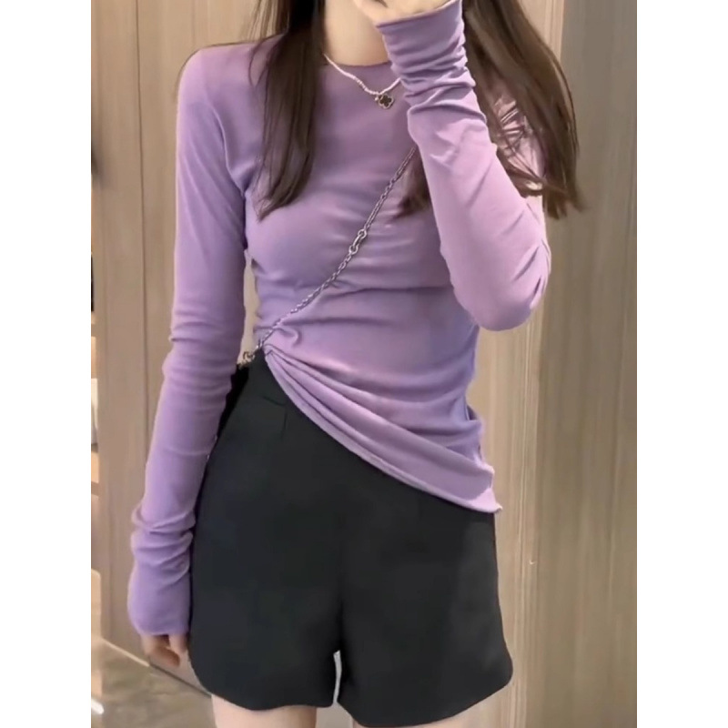 달콤한 연령 감소 솔리드 컬러 라운드 넥 긴팔 셔츠 티셔츠 여성 봄, 가을 새로운 패션 다목적 슬리밍 탑