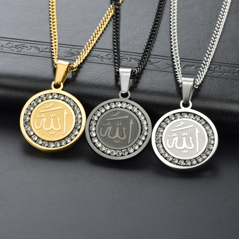 Personalised Titanium Steel Round Pendant Necklace With Diamond For Men_voghion.com