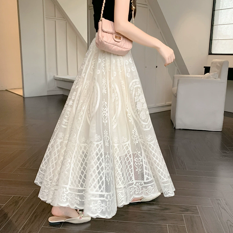 Женская юбка из ажурного кружева, весна 2025, новая, высокая талия, стройнящая, фееричная, средней длины, широкая, юбка-зонтик