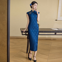2025夏季新款桑蚕丝长款女短袖妈妈礼服高贵高端蓝色提花真丝旗袍