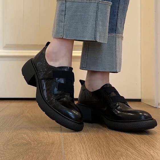 羊皮版~复古英伦风魔术贴运动底乐福鞋女粗跟增高厚底小皮鞋单鞋