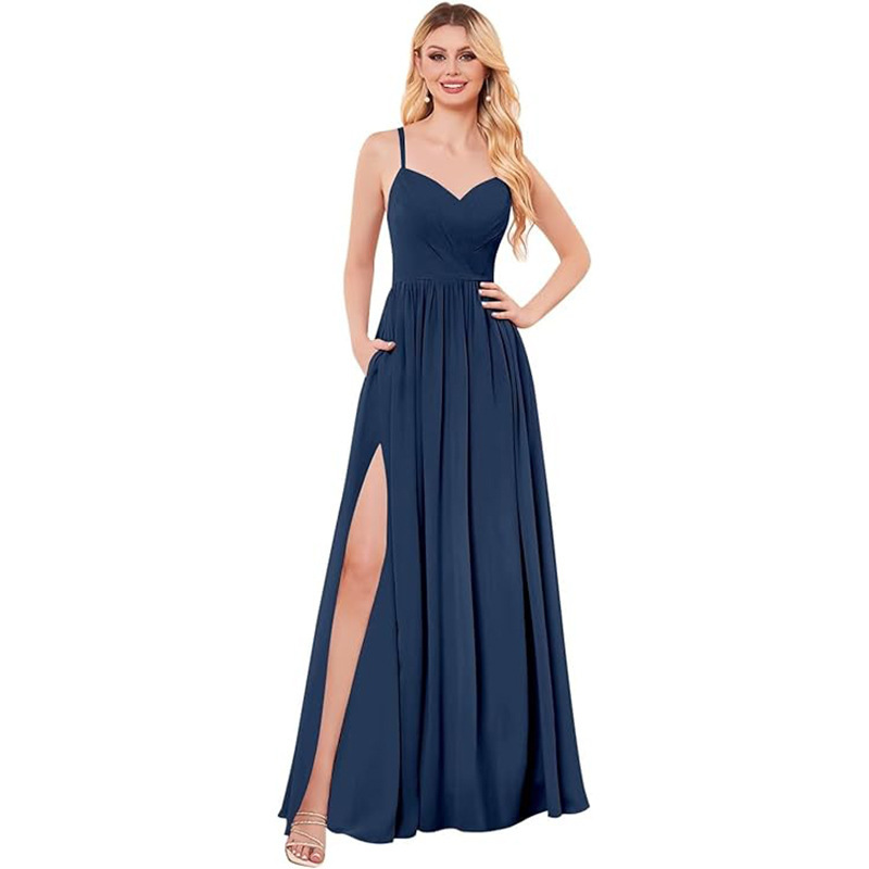 Pasta-Colored Chiffon Bridesmaid Dress with Long Slit, V-Neck, Backless, A-Line Formal Evening Gown, Independent Station Wholesale Supply