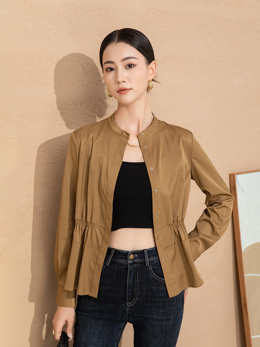 Áo sơ mi nữ cổ tròn eo thon dài tay phong cách Hàn Quốc — thẻ