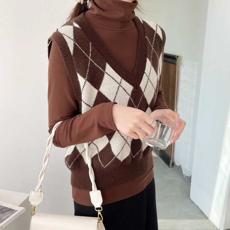 Retro en forma de diamante Plaid Chaleco de punto para las mujeres Otoño e Invierno Nuevo estilo exterior sin mangas suéter con cuello en V apilados chaleco suave desgaste exterior image 4