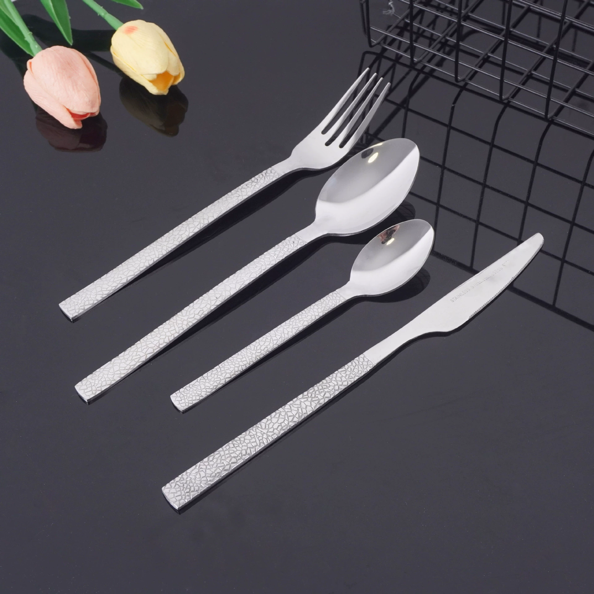 Scandinavian set stainless steel, marble tableware, gift box, 24 pieces