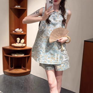 Nanyou Summer New Chinese Style Suit Simple Retro Round Neck Buckle Design Age-Reducing Tang Suit Women's Two-Piece Set