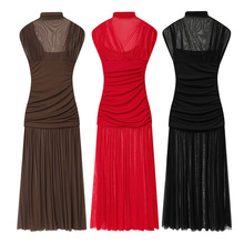 外贸批发2025秋季新款女装欧美时尚修身绢网拼接连衣裙4772252717