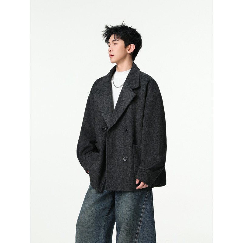 Alpaca Wool Suit Collar Double-Breasted Wool Coat Short Autumn and Winter Fashion Brand Men's Trench Coat for Teenagers
