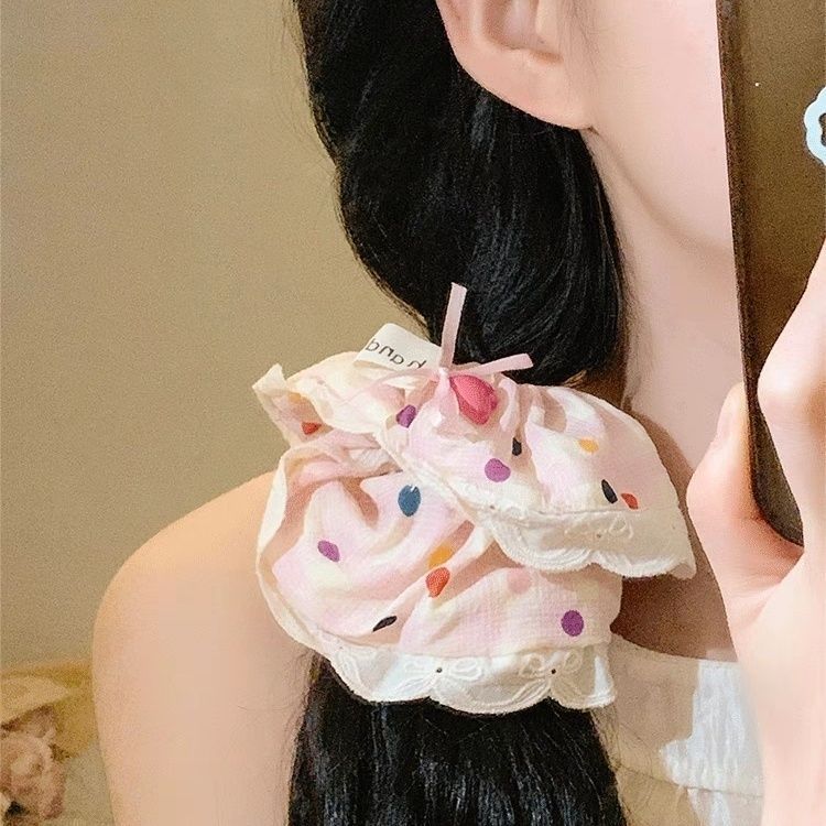 Elastico per capelli rosa dopamine con fiocco e pois stile coreano_voghion.com