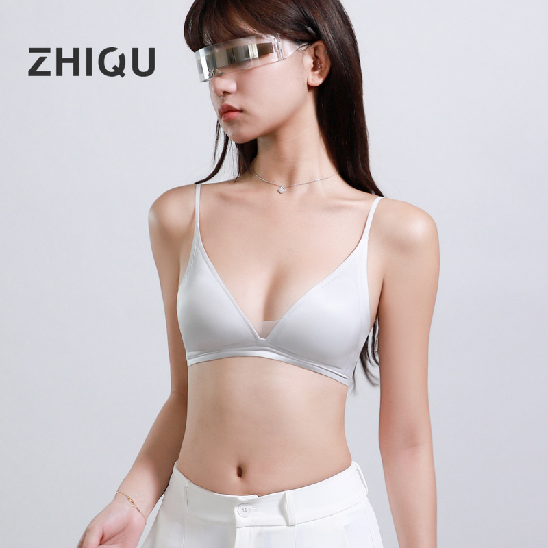 Authentic French-Style Women's Summer Thin Triangle Cup Seamless Deep V Thin Strap Anti-Sagging Side Breast Gathering Bra for Summer