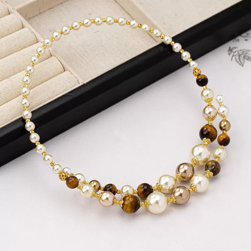 原创秋冬美拉德项圈女虎眼石摩卡金棕珍珠复古轻奢串珠小众项饰品