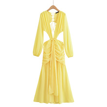 2025夏季新款欧美风性感雪纺深V领褶皱修身长袖连衣裙