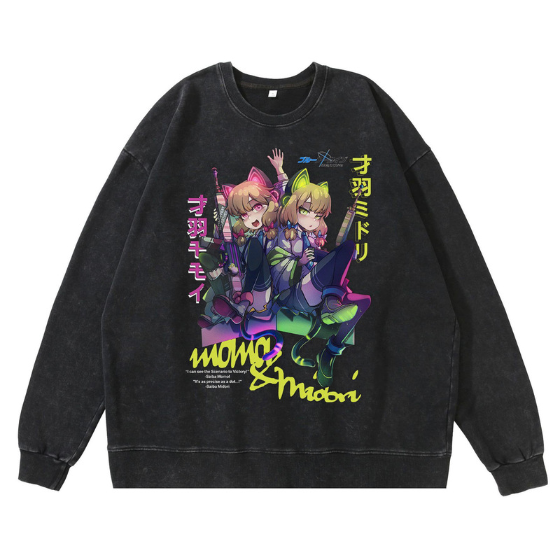 New Washed and Distressed Dark Anime Pattern Printed Street Retro Sweatshirt Street Fashion Sweatshirt