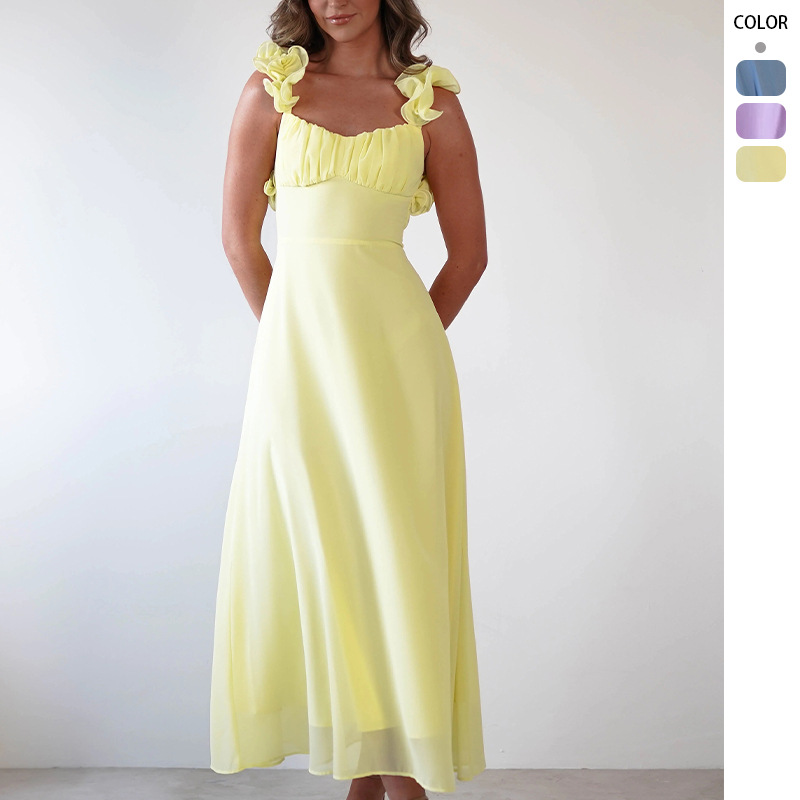 2026 Cross-Border European and American Foreign Trade Women's Clothing Independent Website New Style Elegant Tie-Waist A-Line Solid Color Mid-Length Dress