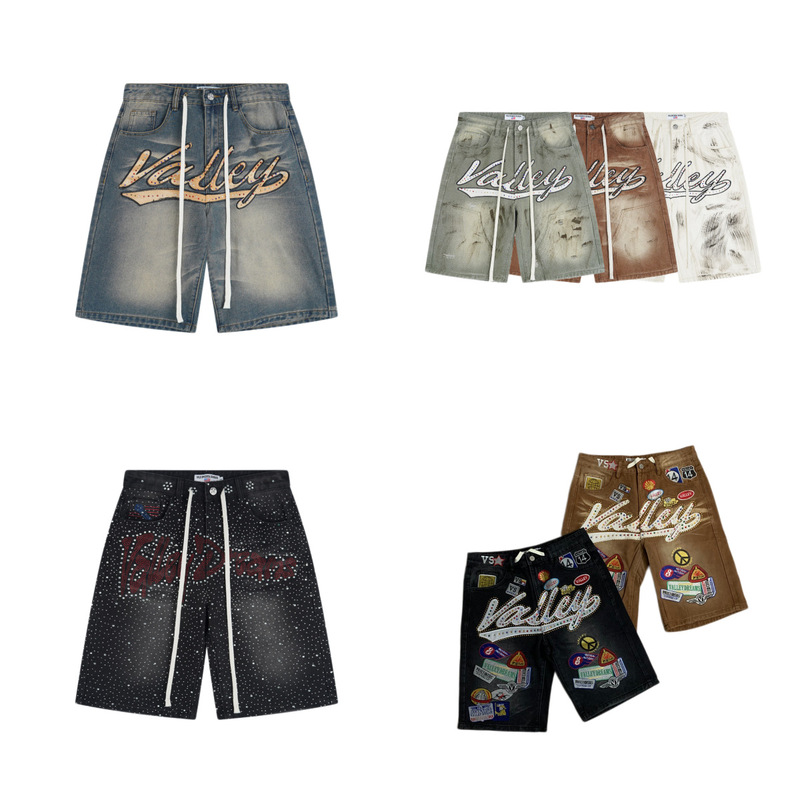 Vale Valley Forever American Fashion High Street Embroidered Rhinestone Letters Washed Distressed Casual Denim Shorts