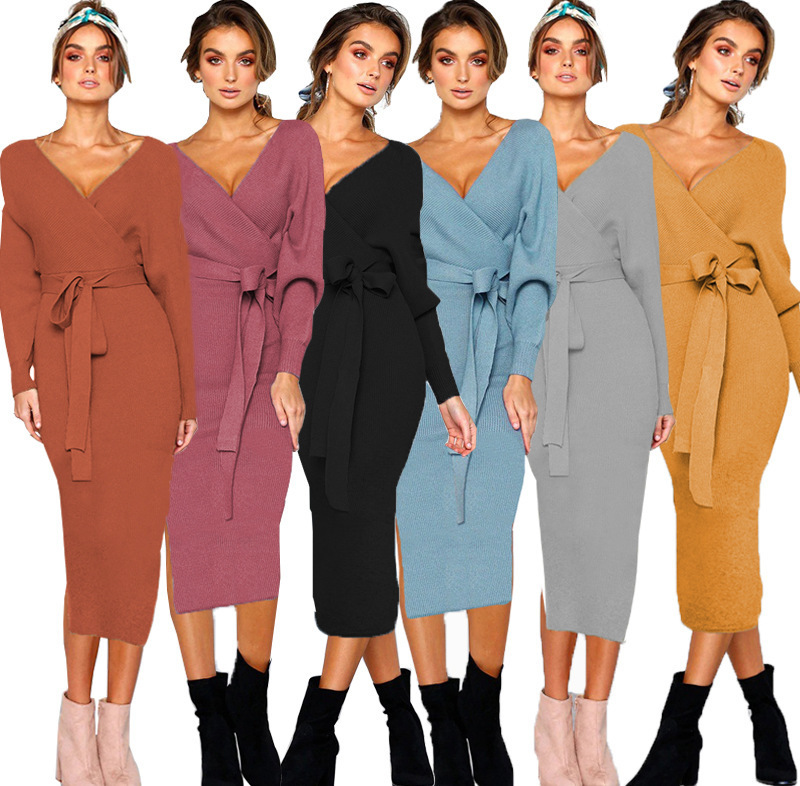 Cross-Border 6-color eBay 2022 autumn and winter sexy V-neck lace-up long sleeve women's dress Amazon wish Cross-Border 6-color eBay 2022 autumn and winter sexy V-neck lace-up long sleeve women's dress Amazon wish
