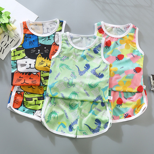 2024 New Children's Thin Hollow Vest Set Boys and Girls Baby Summer Wear Mesh Breathable Sleeveless Two-piece Set