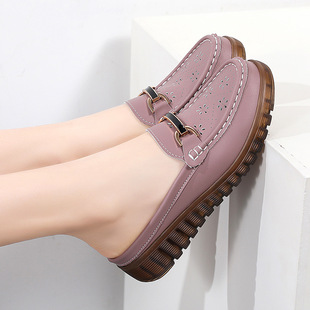 Spring and Summer Soft-soled New Outer Wear Baotou Slippers Genuine Leather Flats-soled Beanie Shoes Half-slip Maternity Shoes One-step Mother's Shoes