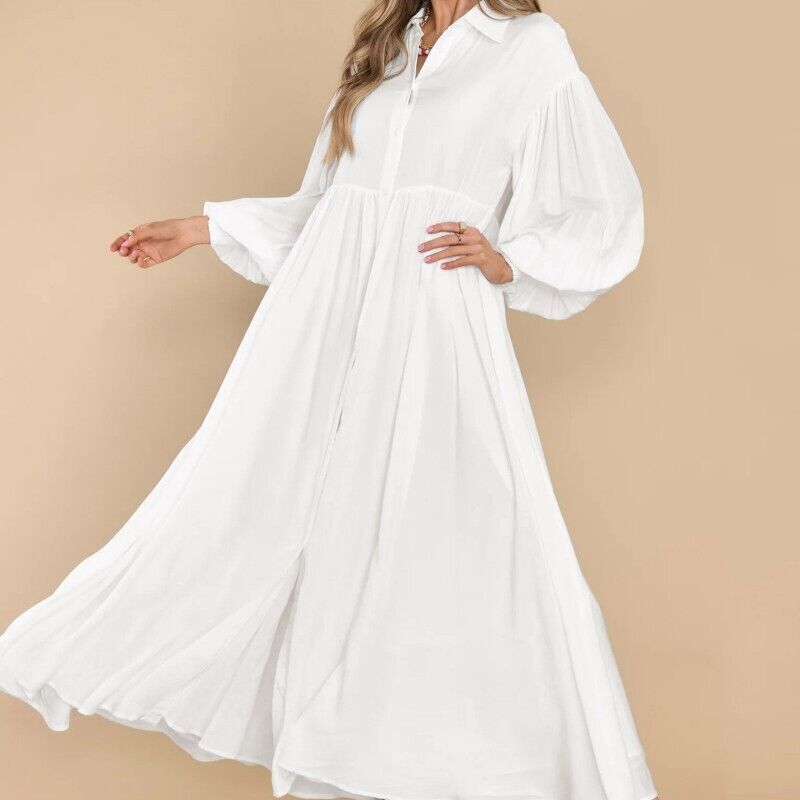 Cross-Border 2026 New Model Aliexpress Women's Casual Solid Color Button-Down Pleated Long-Sleeve Maxi Dress