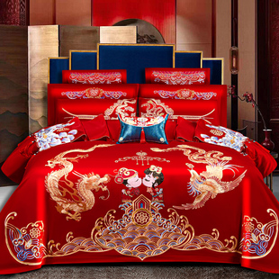 Wedding Four-Piece Set, Red Embroidered Dragon and Phoenix Wedding Quilt Cover, Bed Sheetss, Wedding Room Bedding, Six-Piece Set