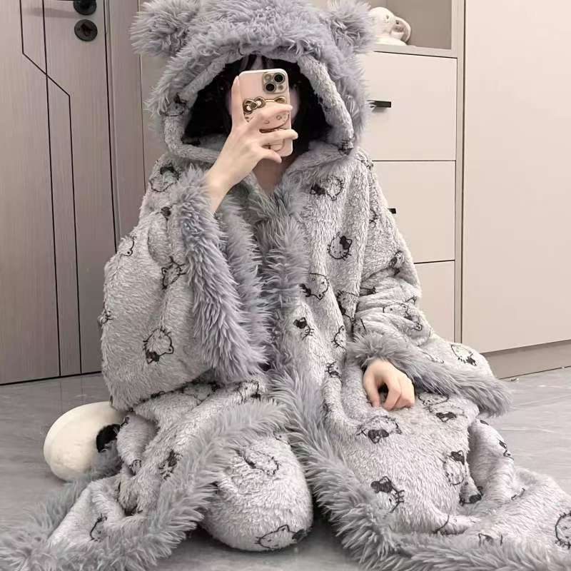 卡通可爱米奇连帽珊瑚绒睡袍加绒斗篷加厚恐龙梨家居服披肩款网红|undefined