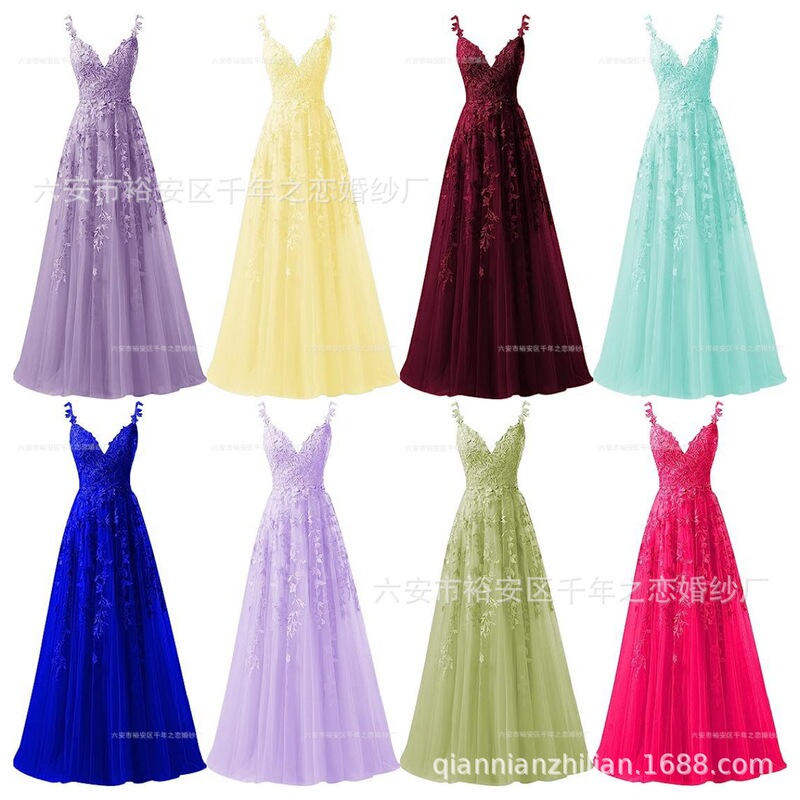 Tulle Lace Applique V-Neck Prom Gown A- Line Wedding Bridesmaid Prom Gown Teen Prom Gown