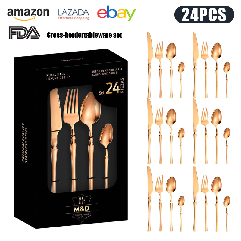 Cross-border Venta caliente de acero inoxidable vajilla traje caja de regalo cuchillo y tenedor conjunto de 24 piezas 6-Persona occidental vajilla cuchillo de carne cuchara de oro