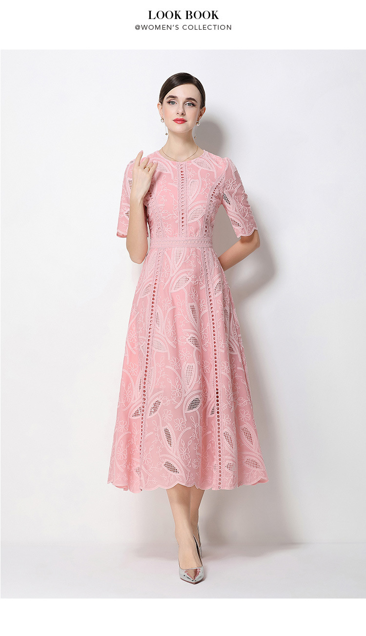 Đầm maxi nữ thắt eo cổ điển Pháp ren thêu họa tiết tay ngắn — màu đen, xanh nhạt, màu hồng, Xanh da trời nhạtcolor chi tiết 50