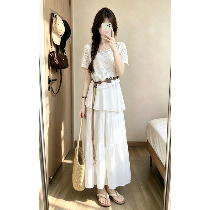 French-Style White Hollow-Out Blouse Dress for Women, 2026 Summer New Style, Very Beautiful Outfit, Complete Long Dress Set
