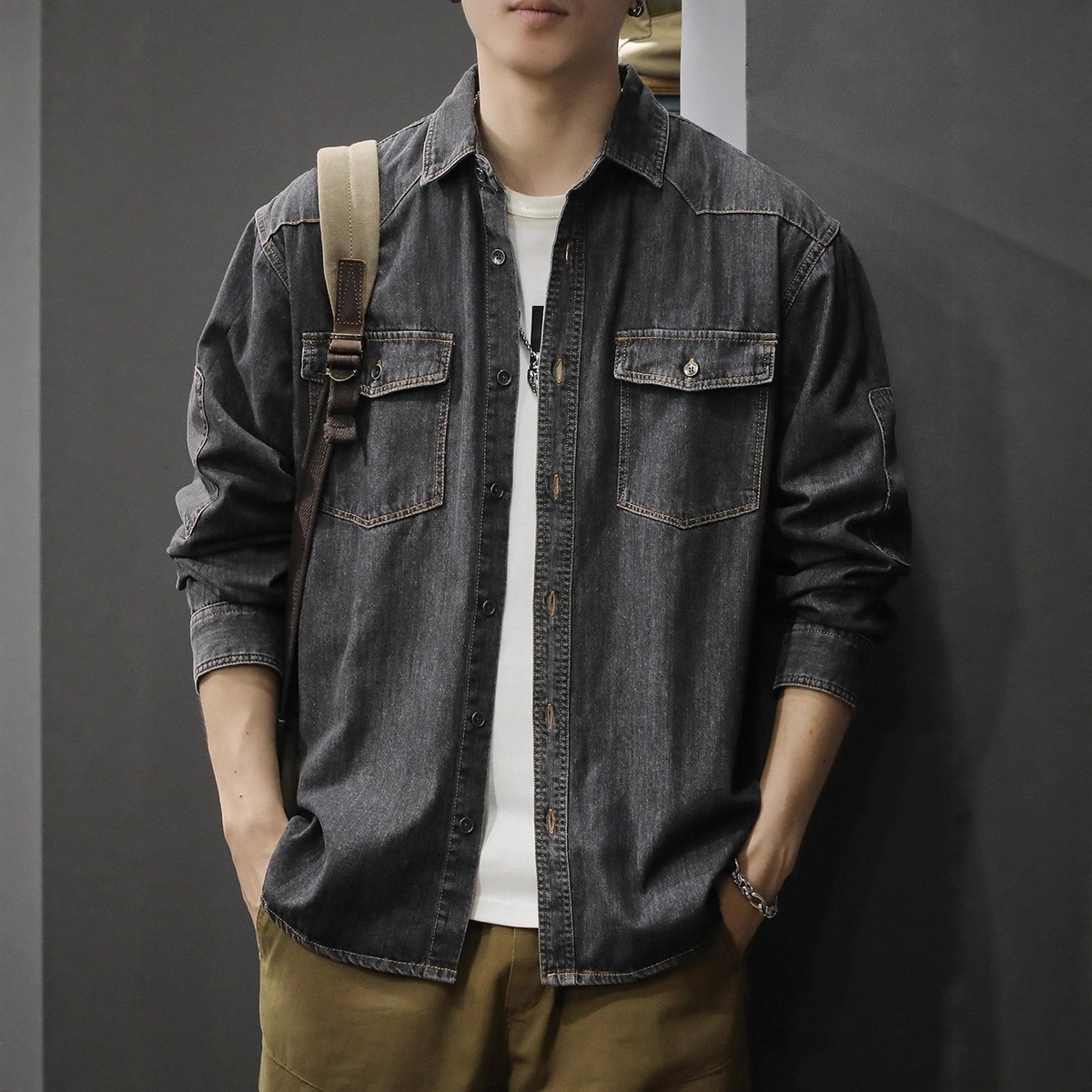 Herren-Hemdjacke, lässig, für Frühling und Herbst, modisches Langarm-Denimhemd_voghion.com
