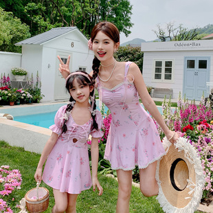 New Parent-Child One-Piece Swimsuit, Cute Baby, Mother and Daughter, Medium and Large Children, Small Breasts, Push-Up Hot Spring Swimsuit