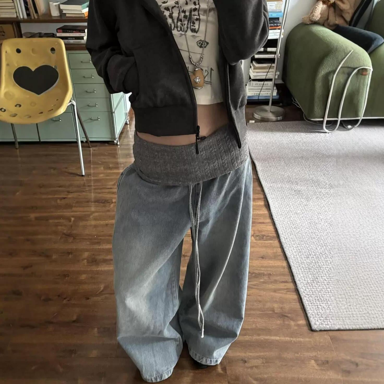 美式vibe水洗做旧毛绒拼接牛仔裤女辣妹直筒宽松显瘦阔腿长裤跨境