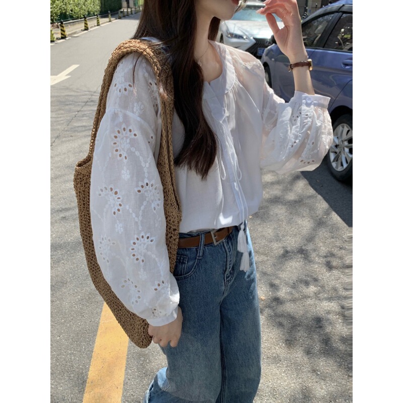 实拍 法式白色衬衫女宽松设计感蕾丝刺绣温柔风百搭系带上衣88591|undefined