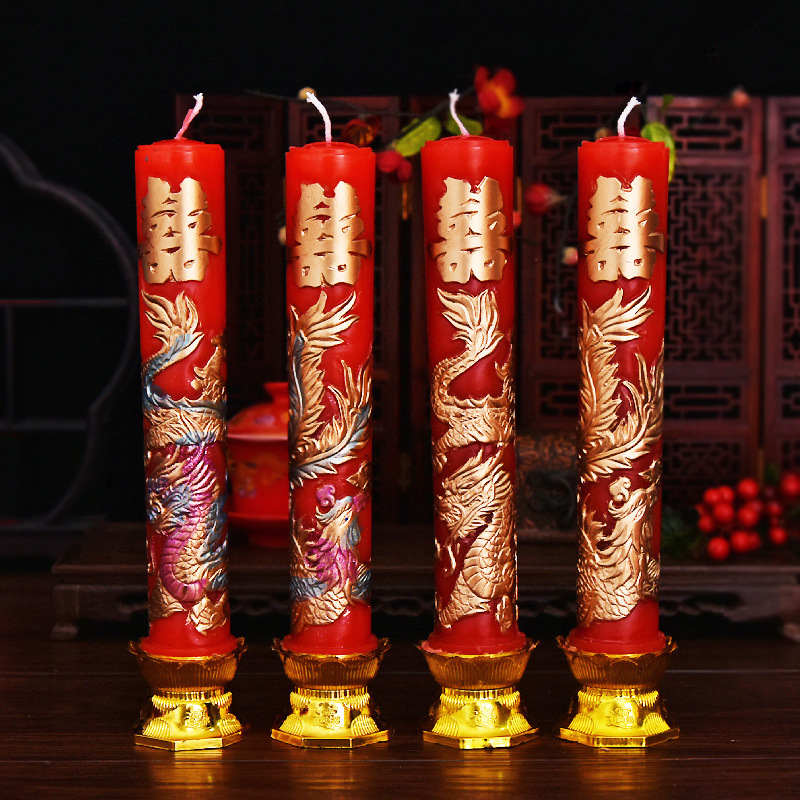 Wedding red candles, wedding room layout, dragon and phoenix with happy characters, a pair of boxed Chinese wedding props, smokeless wedding candles
