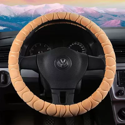 Plush Autumn and Winter Three-Piece — Steering wheel cover - 3d-embossed-whole-piece-beige-38cm-steering-wheel-cover