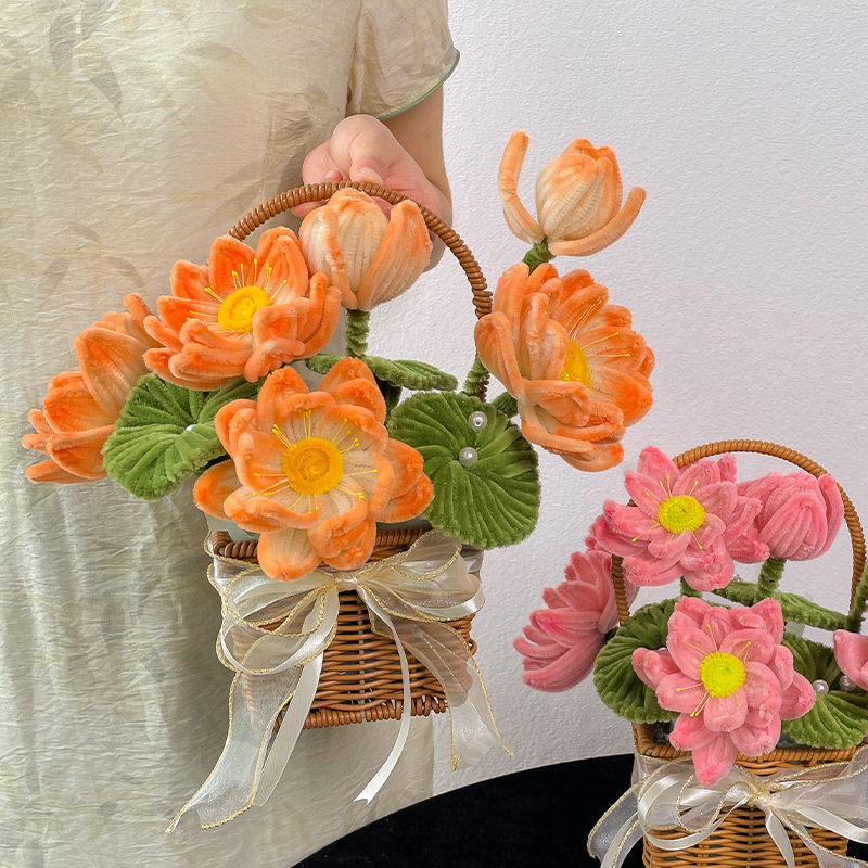 Hecho a mano DIY Twisted stick Lotus bouquet paquete material cesta de flores artificiales regalo cumpleaños del Día San Valentín para la novia