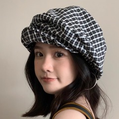 日系复古格子钢丝褶皱贝雷帽女夏遮阳透气春秋百搭显脸小画家帽子